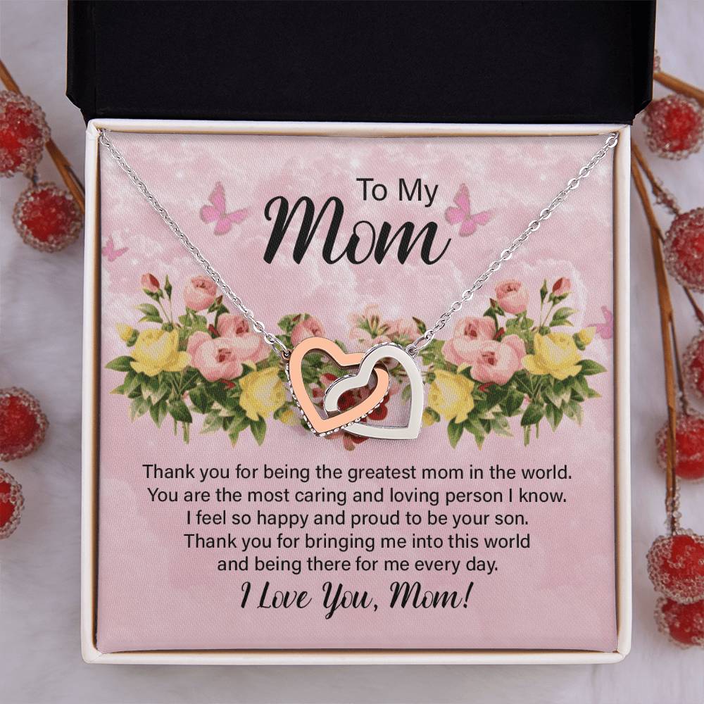 To My Mom Thank You for Being the Greatest Mom Interlocking Hearts Necklace (Yellow & White Gold Variants)