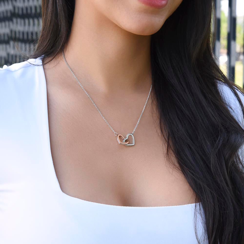 To My Bonus Mom Your Love and  Support Means the World to Me Interlocking Hearts Necklace (Yellow & White Gold Variants)