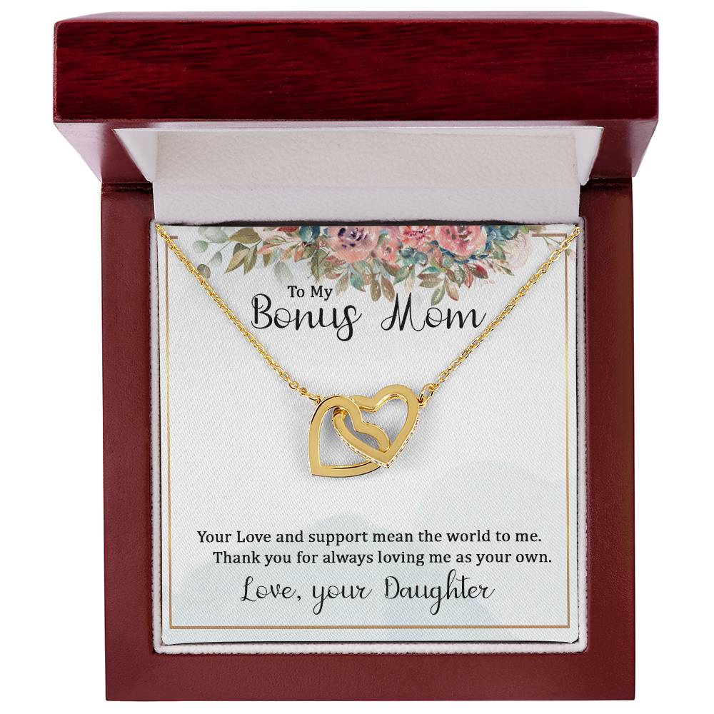 To My Bonus Mom Your Love and  Support Means the World to Me Interlocking Hearts Necklace (Yellow & White Gold Variants)
