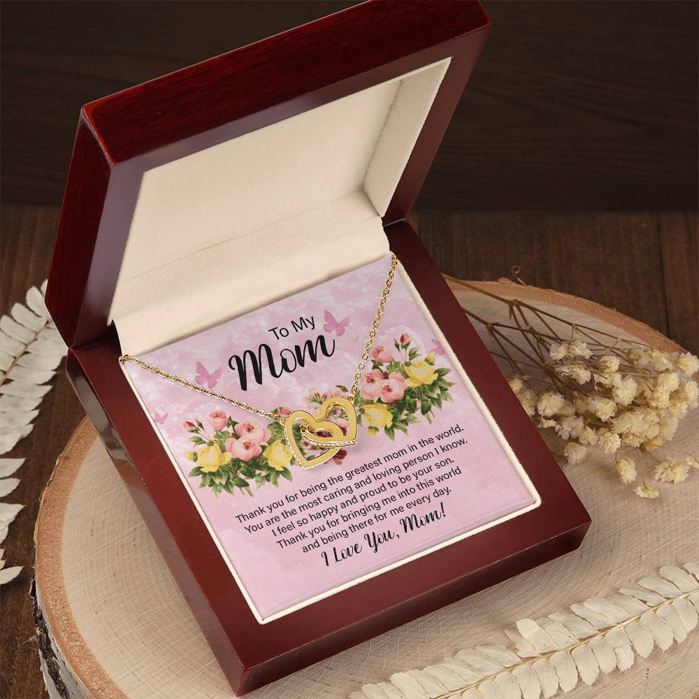 To My Mom Thank You for Being the Greatest Mom Interlocking Hearts Necklace (Yellow & White Gold Variants)