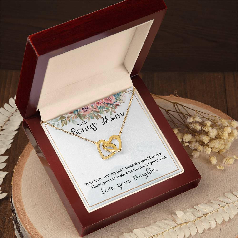 To My Bonus Mom Your Love and  Support Means the World to Me Interlocking Hearts Necklace (Yellow & White Gold Variants)