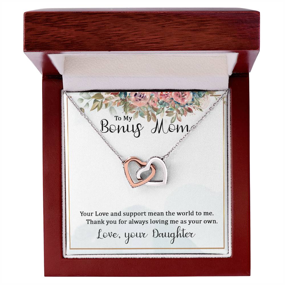To My Bonus Mom Your Love and  Support Means the World to Me Interlocking Hearts Necklace (Yellow & White Gold Variants)