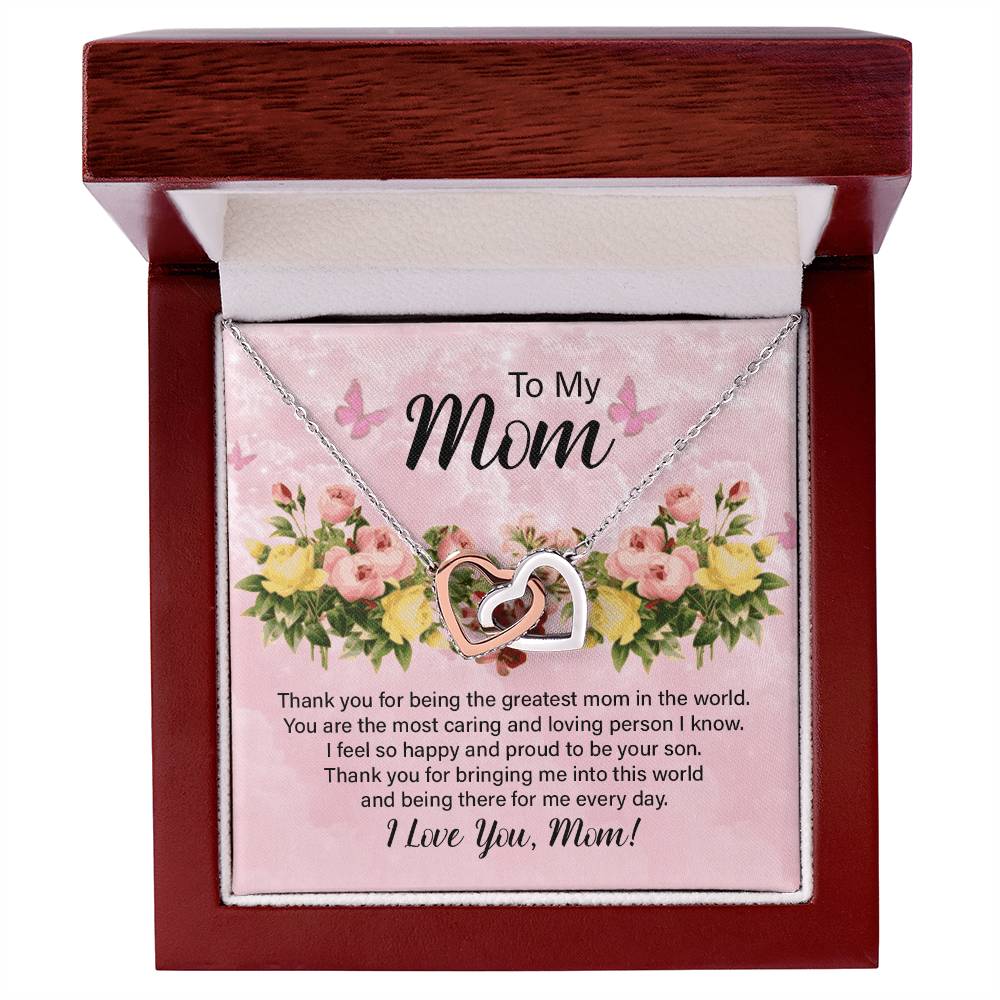 To My Mom Thank You for Being the Greatest Mom Interlocking Hearts Necklace (Yellow & White Gold Variants)