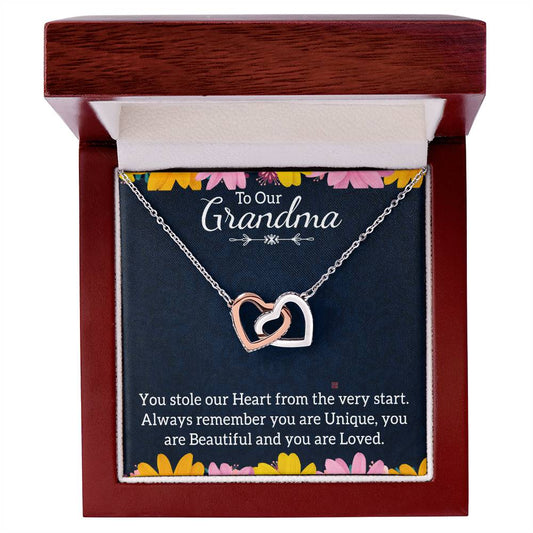 To Our Grandma You stole our Heart From the Very start Interlocking Hearts Necklace (Yellow & White Gold Variants)