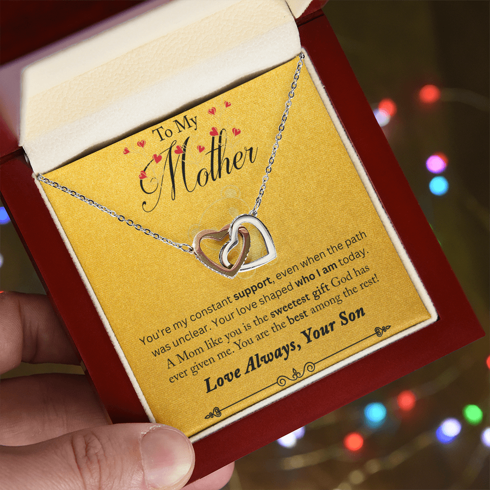 To My Mother You are My Constant Support Interlocking Hearts Necklace (Yellow & White Gold Variants)