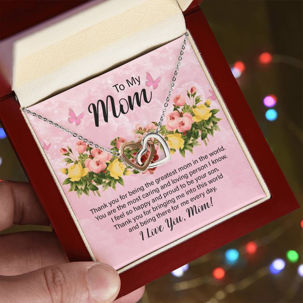 To My Mom Thank You for Being the Greatest Mom Interlocking Hearts Necklace (Yellow & White Gold Variants)