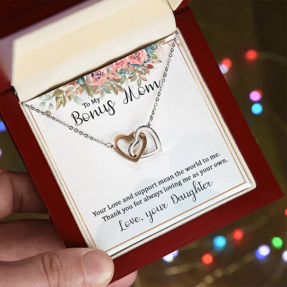To My Bonus Mom Your Love and  Support Means the World to Me Interlocking Hearts Necklace (Yellow & White Gold Variants)
