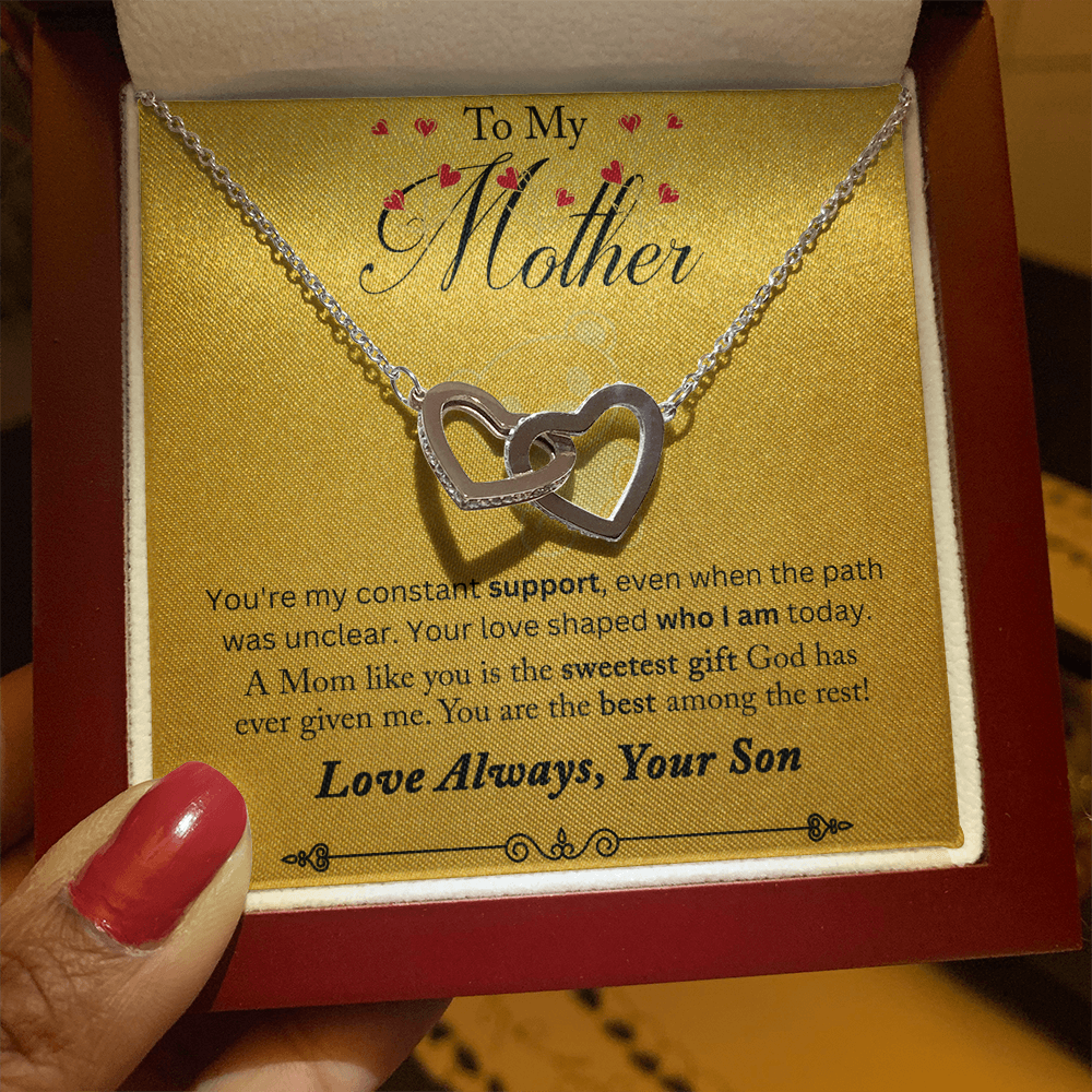 To My Mother You are My Constant Support Interlocking Hearts Necklace (Yellow & White Gold Variants)